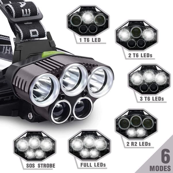 Kraftig oppladbar hodelykt, 10 000 lumen, 6 moduser LED