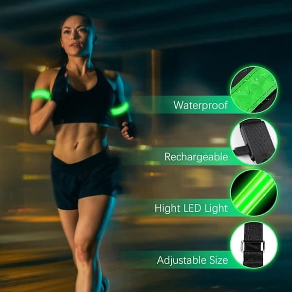 LED-armbånd oppladbart, høy synlighet blinkende reflekterende løpelys for løpere, 2-pakning lysende armbånd LED løping grønn Green