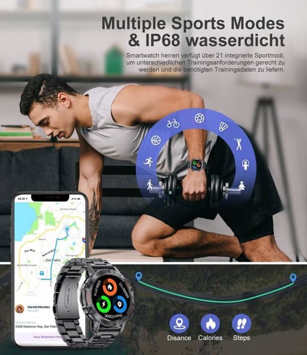 Smartklokke for menn for Android og iOS med Bluetooth-anrop, svart stål, 400 mAh batteri