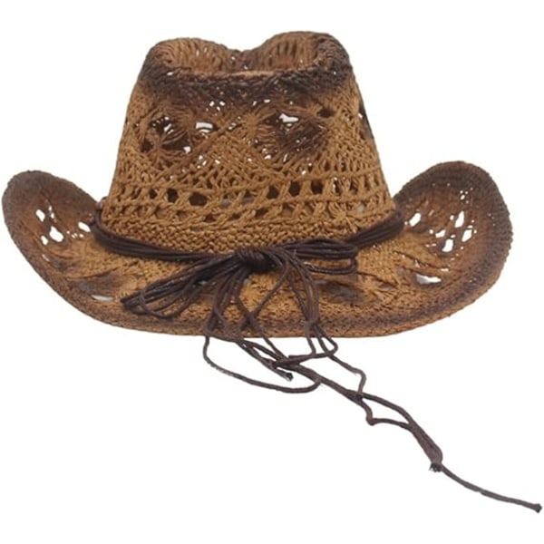 Hullet ut strå cowboyhatter  Sommer strand cowboyhatt kvinner vestlig solhatt knusbar Boho strå cowboyhatt Brown