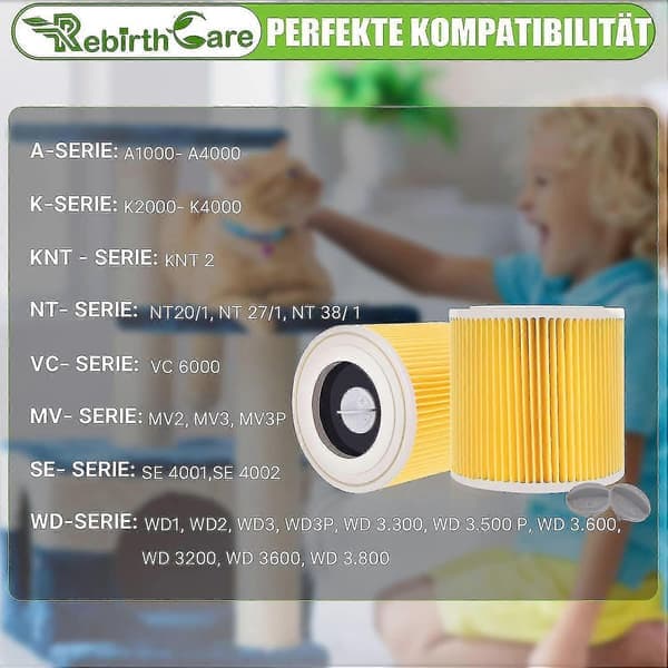 2 stk. Kärcher Støvsuger Patronfilter til Wd2 Wd3 Wd3p Wd3 Mv2 Mv3 Filter Wd3 Erstatningsfilter 6.414-552.0/6414552