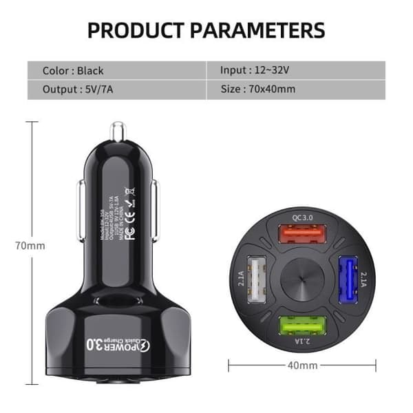 4-ports USB QC 3.0 biloplader, hurtigopladende cigarettænder-oplader - Sort