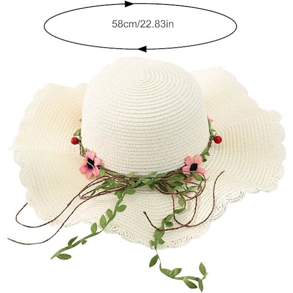 Dam Blommig Fällbar Floppy Bred Brätte Halm Solhatt Sommarhatt UPF 50+ Solskydd Hatt Strandmössa för Strandsemester White