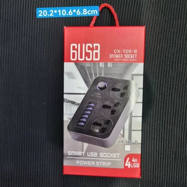 6 USB 3.1A Bord-strømadapter, Sort, Hurtig digital opladning, 2M
