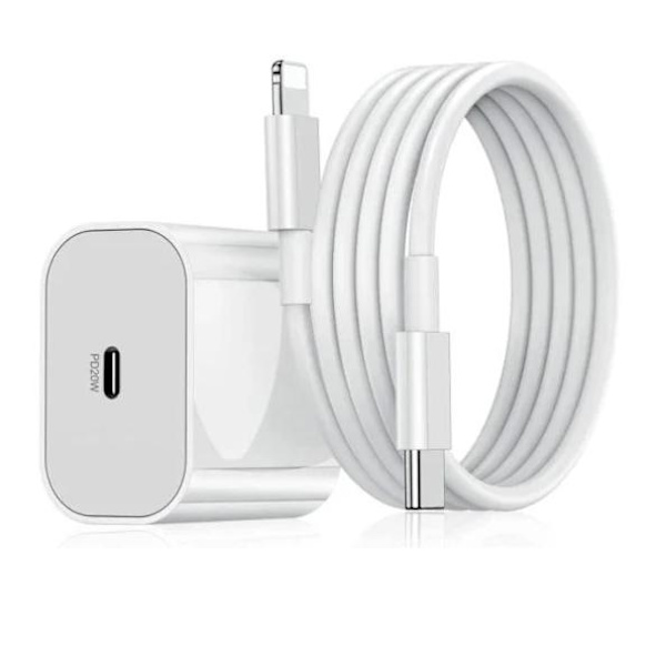 Hurtigoplader til iPhone + USB-C til Lightning-kabel, strømadapter 20W + 2m PD-kabel hvid
