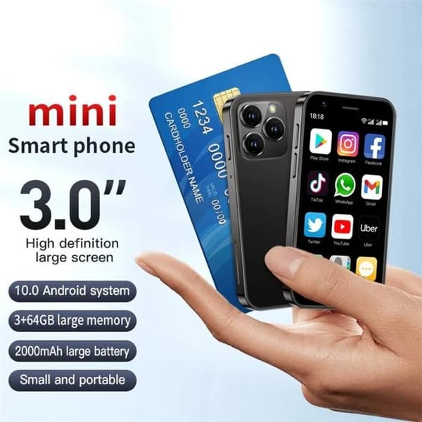 Android 10 5MP Dual SIM Mini 3-tommers mobiltelefon 4G smarttelefon, 3 + 64 GB - Svart