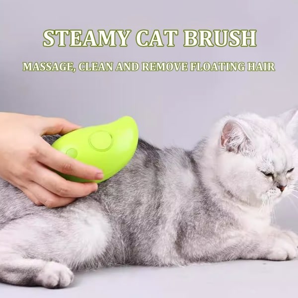 Steamy Cat Brush - 3-i-1 selvrensende massagebørste - Genopladelig silikonebørste til kæledyrsfjerning (grøn)