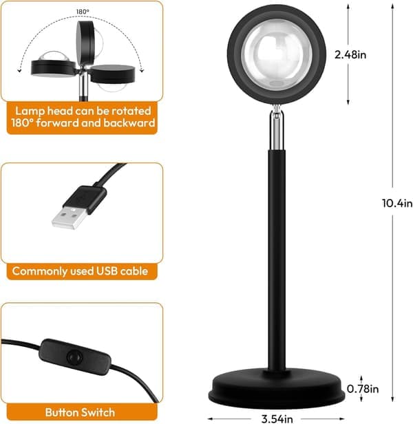 Solnedgangslampeprojektor, 180 graders rotasjon Solnedgangsprojeksjonslampe LED nattlys gulvlampe med USB-port, Solnedgangslys