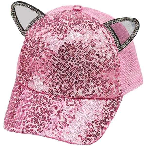 Flickor Pojkar Sparkle Paljetter Baseball Cap Katt Öra Topp Justerbar Solhatt Pink