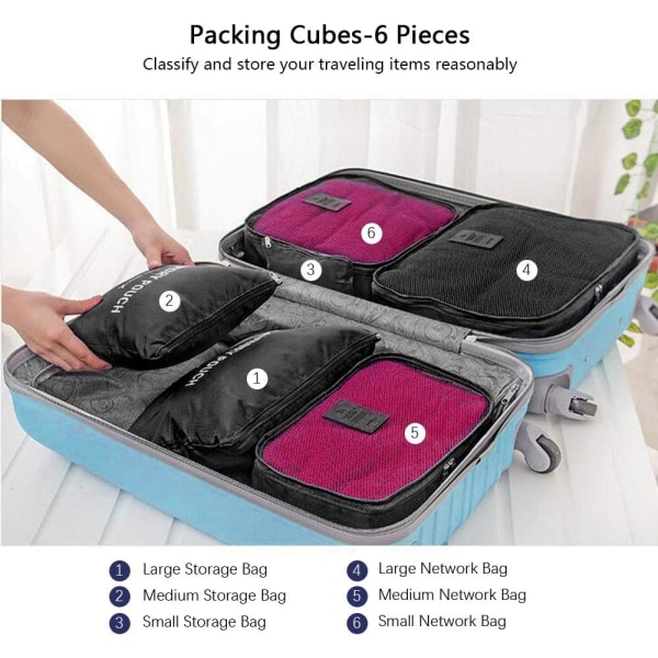 Resväska Organiser Packpåsar, 6 PCS Resväska Packkuber Set för Kläder Resväskor Organisatörer Förvaringsväskor Black