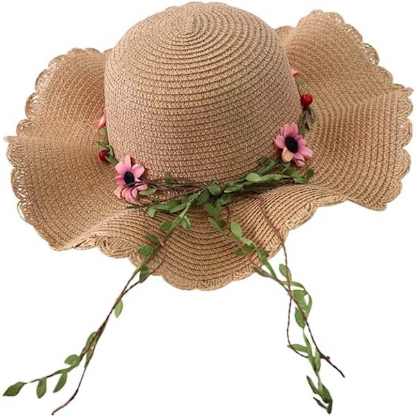 Dam Blommig Fällbar Floppy Bred Brätte Halm Solhatt Sommarhatt UPF 50+ Solskydd Hatt Strandmössa för Strandsemester Khaki