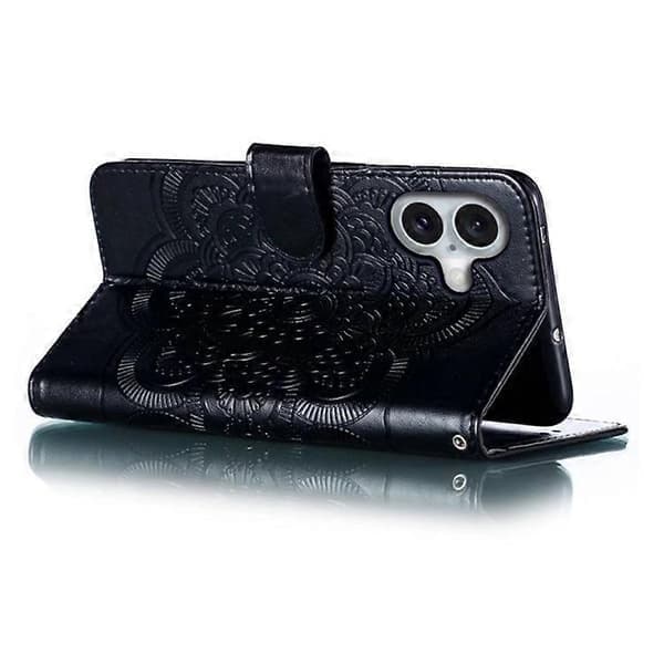 Kompatibelt iPhone 16 Cover PU Læder Mandala Præget Design Pung Cover [DB] Sort Sort