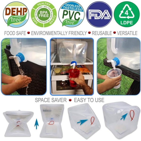 Hopfällbar vattenbehållare med tappkran (BPA-fri) - Bärbar vattenbehållare för camping, friluftsliv och nödsituationer 5 Gallon/20L
