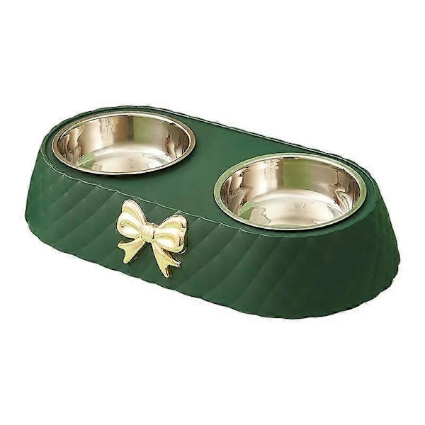 Kæledyrsartikler Bowknot Katte Foderskål PP Base Hundeskål Rustfrit Stål Dobbelt Skål Kæledyrstilbehør Fodring Drikkeskål green