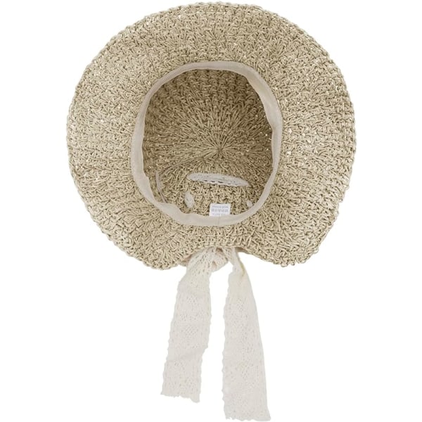 Kvinner Jenter Halm Bøttehatt Blonder Hullet Ut Strand Reisehatt Floppy Pakkbar Solhatt Sommer UV Beskyttelseshette, Beige