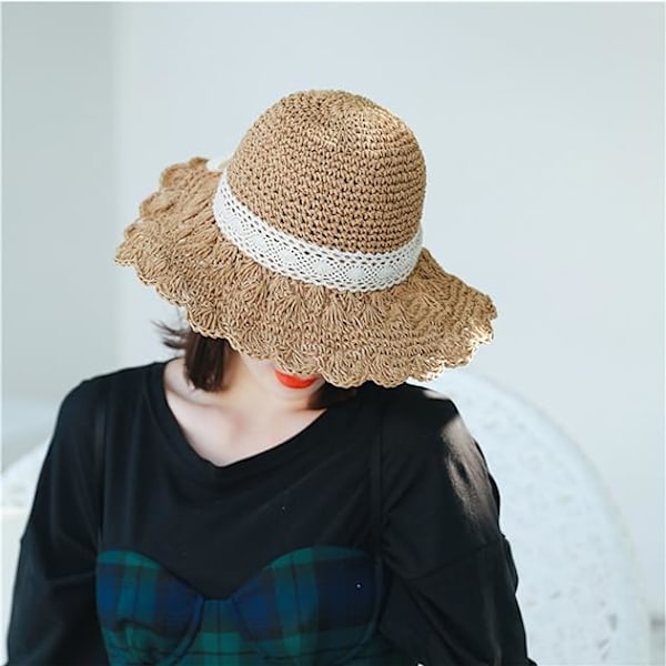 Kvinnor Barn Flickor Rosett Halm Solhattar Solskydd Rulla Upp Floppy Hat Fiske Semester Resa Strandhatt Coffee