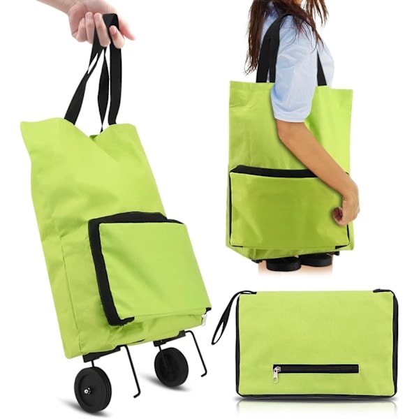 Foldbar indkøbsvogn, foldbar taske med gummihjul, foldbar trolley, Oxford-stofpose, genanvendelig til supermarked, kapacitet med hjul, grøn Green