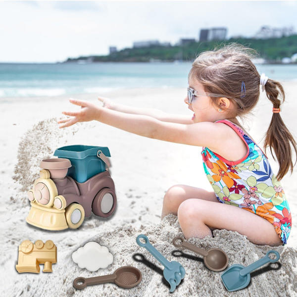 Børnetog Strandlegetøjssæt Børn Udendørs Sommer Sandlegespil Legetøj Inkluderer Legetøjsstrandspand Mini Skyform Holdbar Togrive og Bonus Værktøjssæt