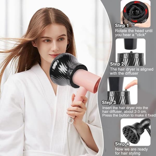 Universal hårtørrer-diffuser, justerbar diffuser til krøllet hår til diametre fra 4,3 cm til 7,4 cm, med massagebørste