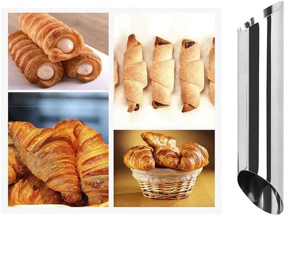 5 cylindriske flødehornforme i rustfrit stål, cannoliforme, non-stick fylderør til wienerbrød og bageforme til croissant-skaller.