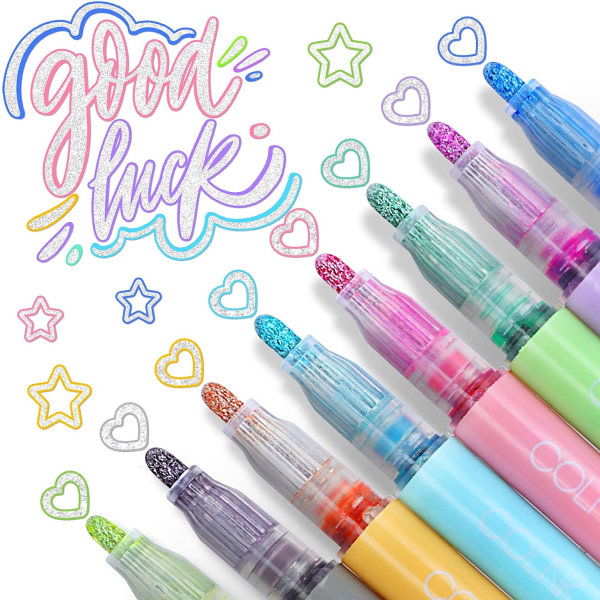 Double Line Outline Pen, 8 väriä metallikynät, glitter