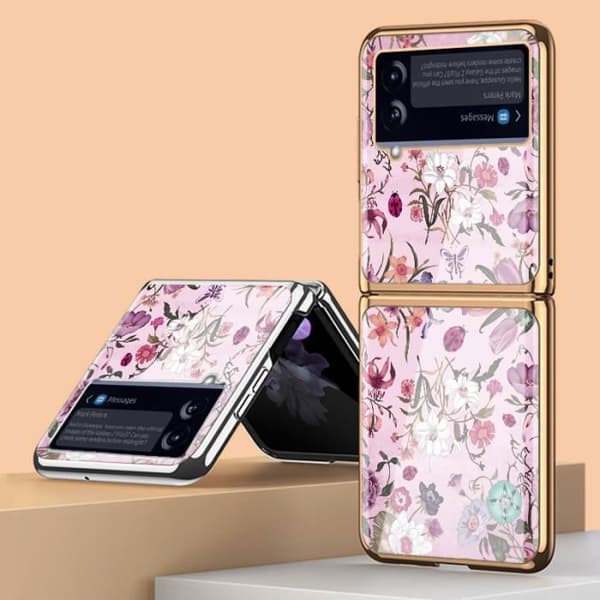 Mobilskal för Samsung Galaxy Z Flip 3 - retro blommönster i galvaniserat glas - Guld och Rosa
