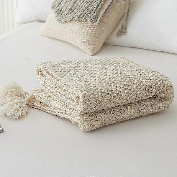 Enfärgad Ullstickad Plädfilt med Tofs Supermjuk Bohemia Överkast Filt för Säng Sofföverdrag Sängöverkast Dekor Filtar khaki 70x100cm