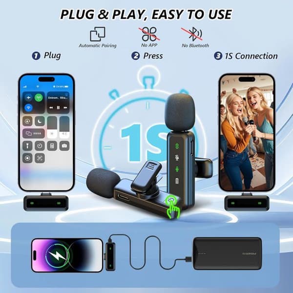 Langaton solmiomikrofoni, 2 kpl langaton solmiomikrofoni USB-C-liitännällä, Plug-Play-kiinnitettävä nappimikrofoni kohinanvaimennuksella