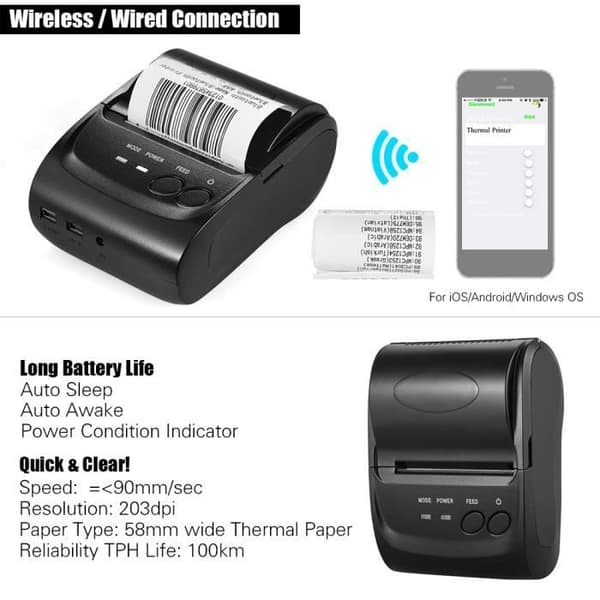 Mini bärbar USB-termoskrivare för kvitton och biljetter, POS-utskrift för iOS, Android och Windows
