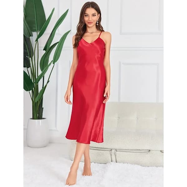 Solid Satin Slip Nattlinne, Elegant V-ringad Rygglös Spaghettiband Nattklänning, Dam Sovkläder & Klänningar Röd Röd 2XL Red 2XL