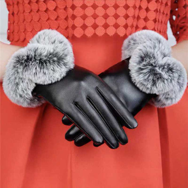 Varma vinterhandskar för kvinnor, svarta PU-handskar, höst och vinter One Size