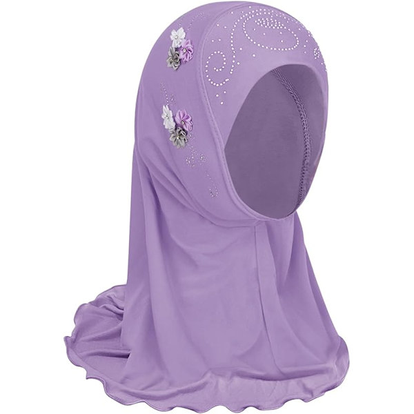 Flickor is silke tyg muslimsk hijab med 6 blommor islamisk arabisk sjal halsduk huvudduk solskydd, lila