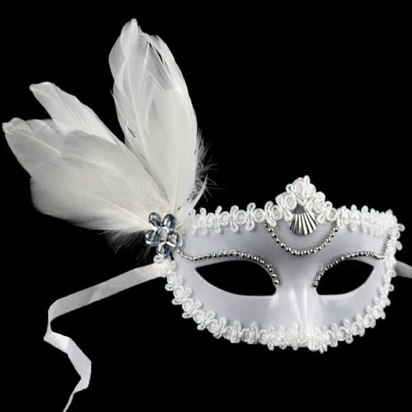 Fjer Perle Maske Halloween Fest Maskerade Hvid Sort Øje M Hvid White