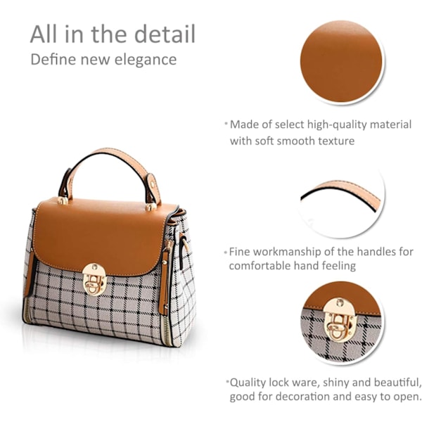 Kvinnor Handväskor Söta Crossbody Väska för Flickor Galler Axelväskor PU Läder Messenger Väska Top-Handle Väska med Flik Brun