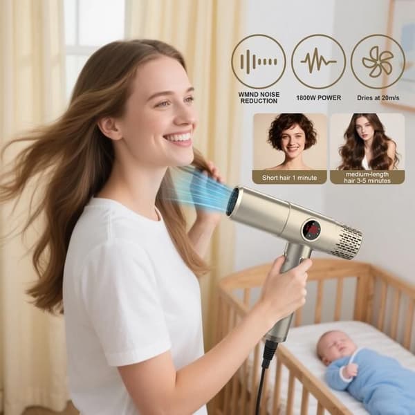 Professionel højhastigheds-ion-hårtørrer til kvinder, med diffuser og kraftfuld 1800W motor.