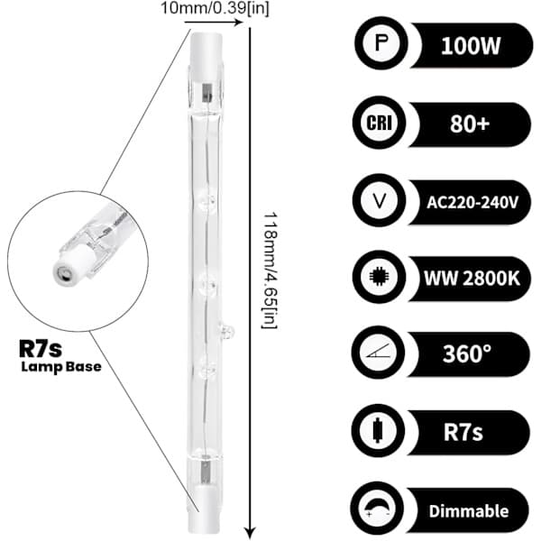 100W 118mm R7s Dimbar halogenlampe varmhvit 2800K (5 stk) - Perfet