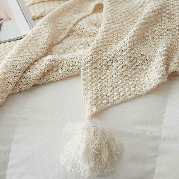 Enfärgad Ullstickad Plädfilt med Tofs Supermjuk Bohemia Överkast Filt för Säng Sofföverdrag Sängöverkast Dekor Filtar beige 130x170cm