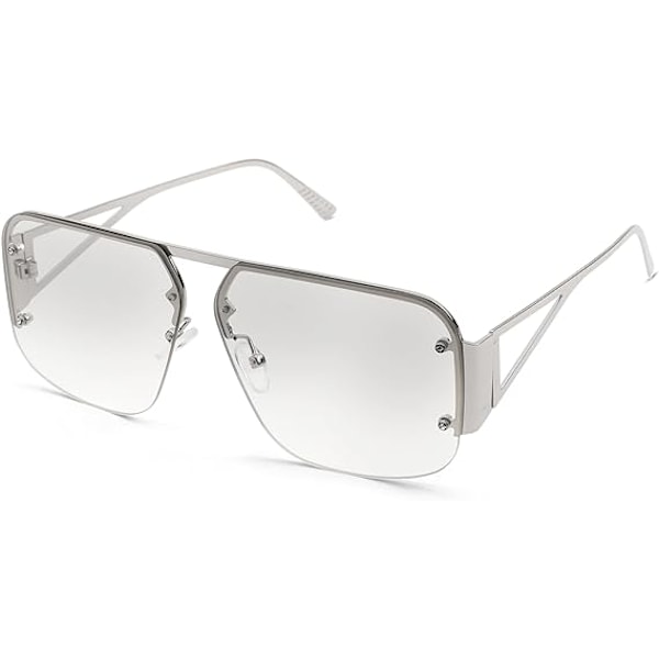 Pilot Solbriller til Kvinder og Mænd - Trendy Rammeløse Stel - Retro Firkantede Nuancer - Store Solbriller i Metal Silver