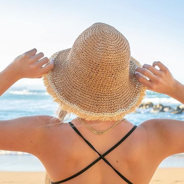 Floppy solhatt i strå for kvinner, sammenleggbar, pakkbar, bredbremmet sommerstrandhatt, heklede frynser, bøttehatt, khaki