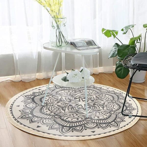 Vintage rundt teppe 90 cm rundt vaskbart mandala-teppe i bomull