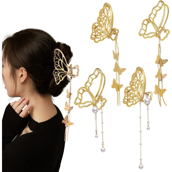 4 PAK Metall Big Gold Butterfly Hårklemmer Klemme Dusk Nonslip Hair Claw Hårtilbehør for kvinner jenter for tynnere tykt hår