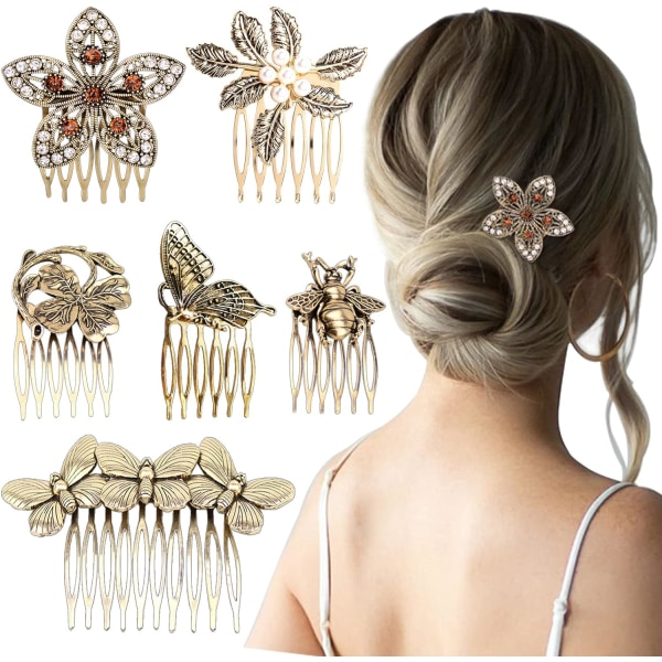 6-pack vintage hårsidokammar för kvinnor dekorativa, retro guldpärlor strass metall hårkamklämmor med tandgrepp Kristall brudhårnålar