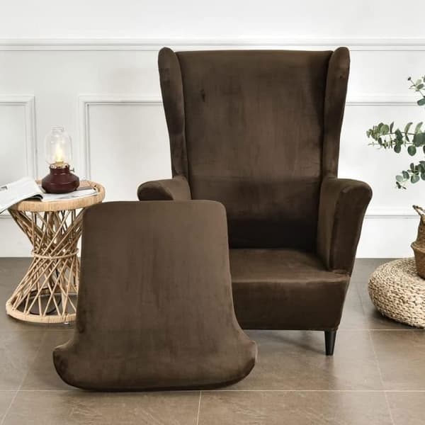 Velour 2-delat stretchöverdrag för öronlappsfåtölj med T-format kuddöverdrag, Café