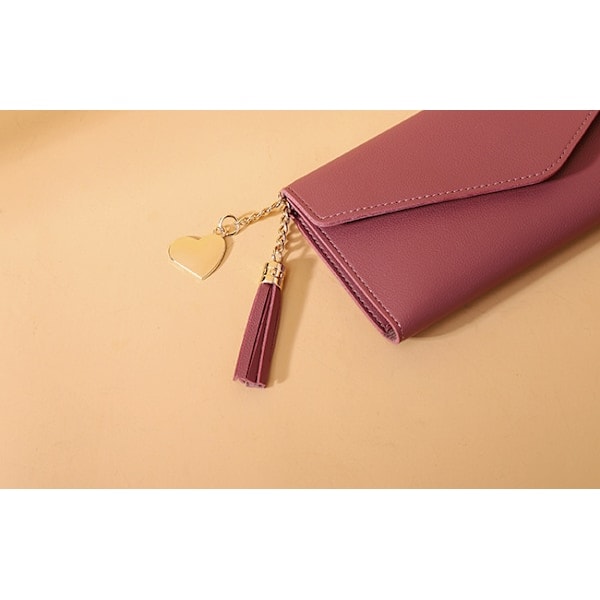 Damplånbok, Läder, Multi-kort, Liten plånbok med tofsar, Tredelad plånbok, Kortfodral, Myntbörs Ljusrosa Lång Light Pink Long