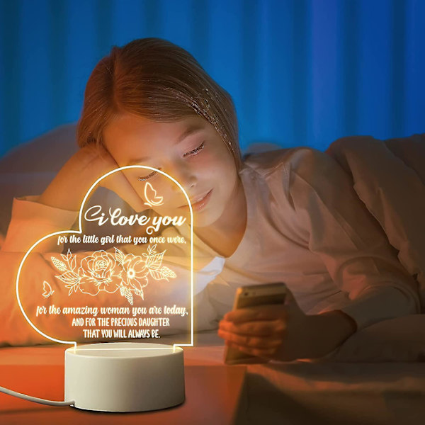 Natlampe til datter fra mor - Personlig natlampe med base - Gave til datter til Valentinsdag, dimission eller fødselsdag fra mor (varm hvid)