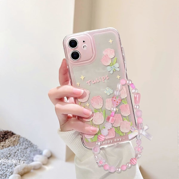 Yhteensopiva iPhone 7 -kotelon, iPhone 8 -kotelon, iPhone SE 2020/SE 2022 -kotelon kanssa, kukka- ja tulppaanikuvio, söpö rusetti, mansikkahelminauha, ohut pehmeä TPU-puhelinkotelo color A iPhone 11-6.1 inch
