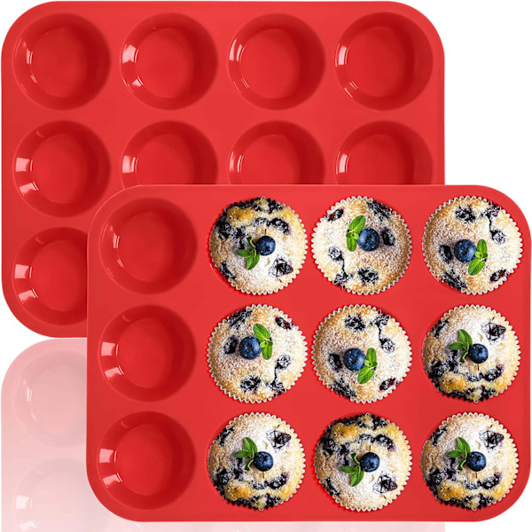 Silikon Muffinform - Vanlig 12-koppars Cupcake-bricka, Non-Stick Silikon Bakformar för att göra Muffins, Cupcakes, Choklad 2 Pack 12cups