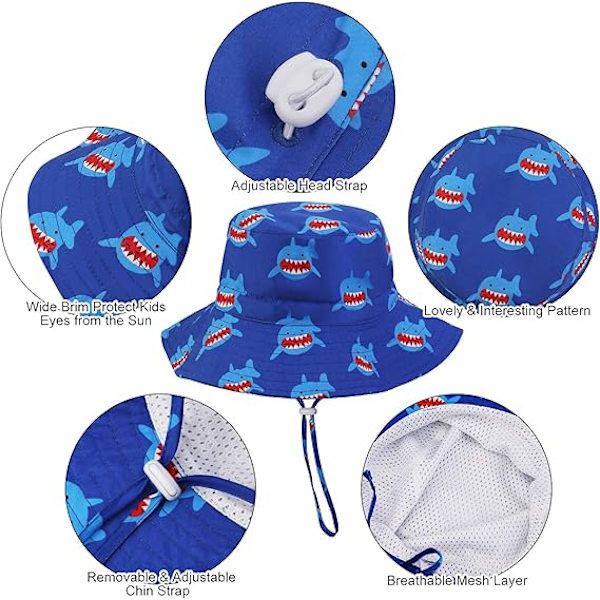 Børne Spand Hat, Unisex Børne Sommer Hat Bred Skygge Solbeskyttelse Hat, Sammenfoldelig Strand Cap med Justerbar Hagesnor UPF 50