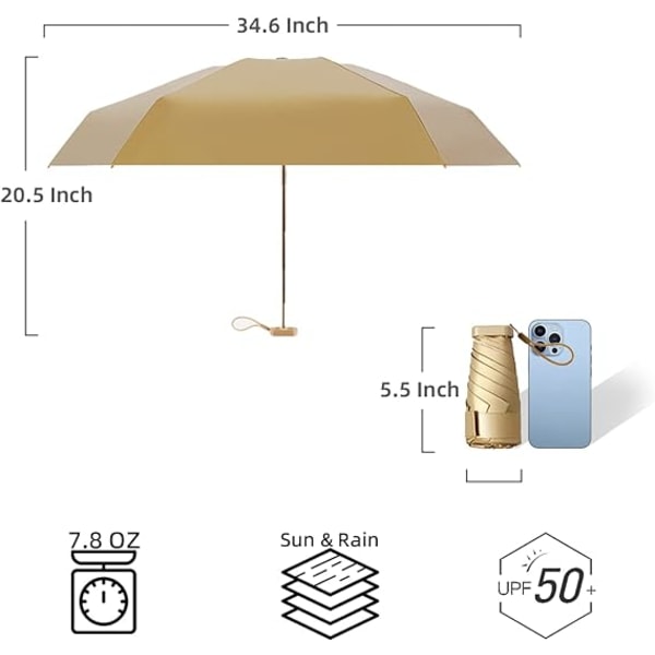 Kompakt lille regn- og solparaply vindafvisende stærk til kvinder håndtaske størrelse, 6 ribber mini rejse lommeparaply Gold & Blue