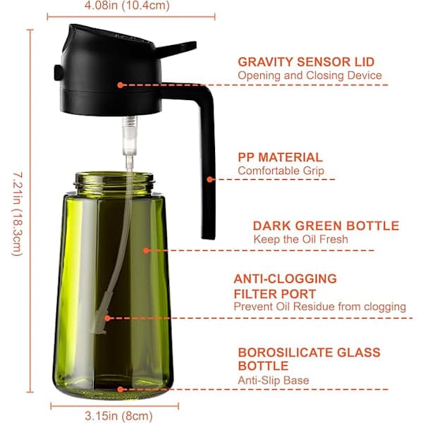 2-i-1 – 470 ml Sprayflaske til Olie og Eddike, Perfekt til Madlavning, Airfryer & Salat sort